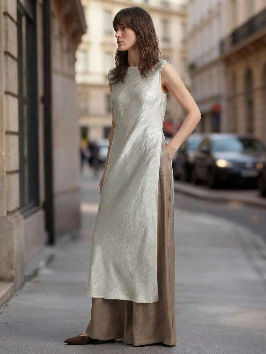 Ontre 女士褶皱缎面绉纱面料小领露肩圆领设计，侧边高开衩，斜裁时尚都市休闲商务通勤高品质机场穿着衬衫 - 灰色 - 查看 1