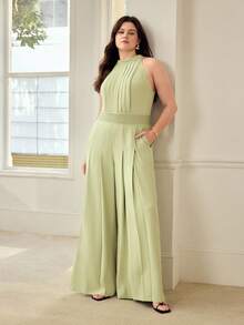 MOTF PREMIUM PLUS SIZE WOMEN'S HALTER NECK RUCHED JUMPSUIT, ELEGANT AND LEG LENGTHENING, SPRING/SUMMER - Green - View 6