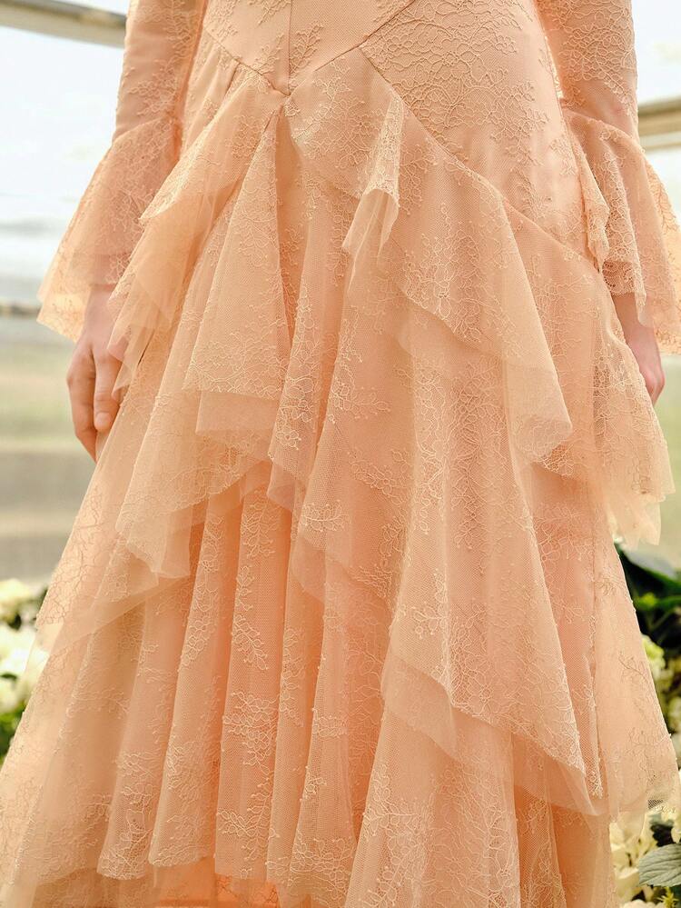 WOMEN'S ROMANTIC RUFFLED LAYERED LACE EMBROIDERED LONG DRESS, SPRING/SUMMER