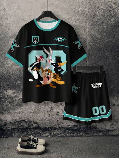 LOONEY TUNES X SHEIN Tween Boy Cartoon Print Contrast Trim Round Neck Short Sleeve T-Shirt And Striped Numeric Print Shorts Set