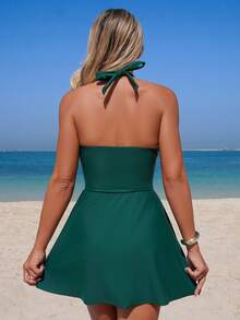 Swim Lushoire Set Baju Renang Wanita 2 Potong: Gaun Pantai Modis Model Halter dengan Detail Kerut dan Bikini Segitiga - Dark Green - View 2