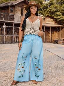 SHEIN LUNE Women's Blue Plus Size Straight Leg Pants Boho Style With Pockets And Long Floral Plant Print Design - Blue - View 4