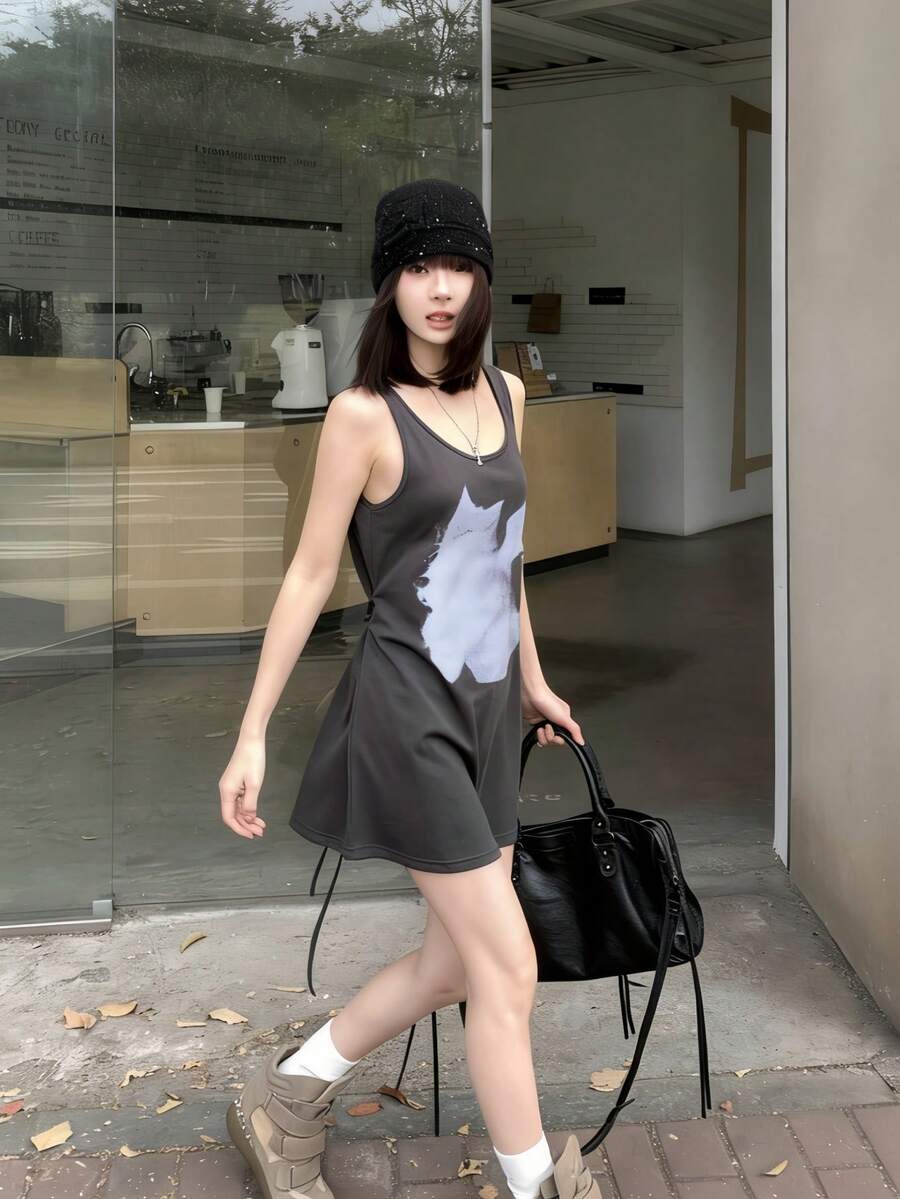 K-Vae Summer Minimalist Sexy Deep V-Neck Tie Strap Cat Print Dress - Camel - View 1