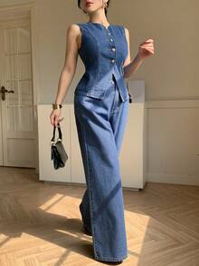 DAZY 女士圆领单排扣上衣搭配喇叭裤休闲牛仔套装，适合日常穿着 - 中等水洗藍 - 查看 10