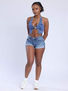 Steph T 女士牛仔露背領結上衣 - 中等水洗藍 - 查看 5