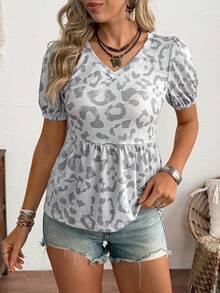 LanaWest Women's Leopard Print Ruched V-Neck Loose Petal Sleeve T-Shirt - Grey - View 3