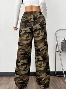 SHEIN EZwear Knitted Casual Military Green Camouflage Print Women Pants - Multicolor - View 2