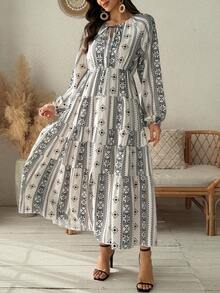 Vivie Lora Women's Round Neck Loose Waist Shirt Dress, Mid-Length - Black and White - View 4