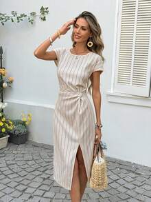 SHEIN LUNE Women's Casual Striped Summer Vacation & Commute Daily Basic Fashion Twist Knot Mid-Length Dress, Short Sleeve - Apricot - View 5