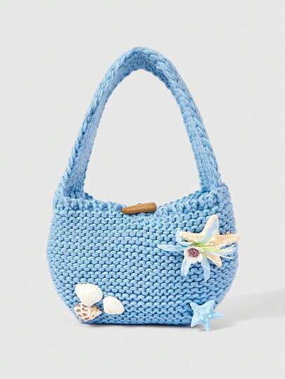 ROMWE Fairycore 1 Yazlık Deniz Yıldızı ve Deniz Kabuğu Desenli El Çantası, Örgü Yün Çanta, Küçük Çanta