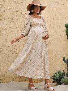 Boho Mama 孕妇碎花七分袖单排扣休闲连衣裙 - 杏色 - 查看 4