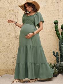 Boho Mama 孕妇撞色蕾丝荷叶边下摆休闲连衣裙 - 綠色 - 查看 4