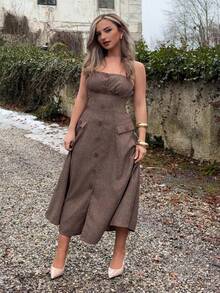 Jeta Ari 女式驼色无袖腰部褶皱A字形吊带连衣裙 - 駝色 - 查看 4