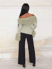 Mima John Autumn/Winter New Distressed Off-Shoulder Fringe Sweater For Women,Christmas Sweater - Green - View 2