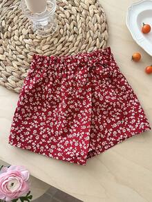 LMoss Kids 女婴可爱碎花弹力腰裙裤，夏季 - 紅色 - 查看 3