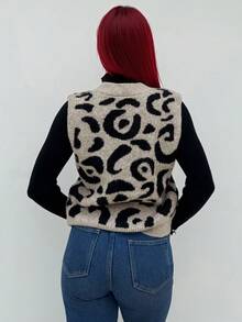 Bearsaez 女式单排扣 V 领豹纹针织背心，秋冬款 - 彩色 - 查看 2