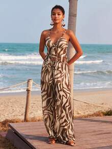 Travachic 2026新款女士春夏度假休闲斑马纹吊带背心和长裤透视套装 - 棕色 - 查看 5