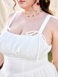 Sweetness 大码女式花卉刺绣褶皱前系带休闲吊带裙 - 白色 - 查看 7