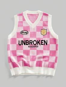 ROMWE MEN 复古棋盘格刺绣图案针织宽松背心 - 粉色 - 查看 1