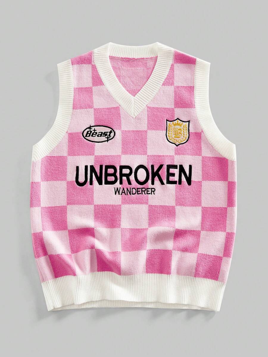 ROMWE MEN 复古棋盘格刺绣图案针织宽松背心 - 粉色 - 查看 1