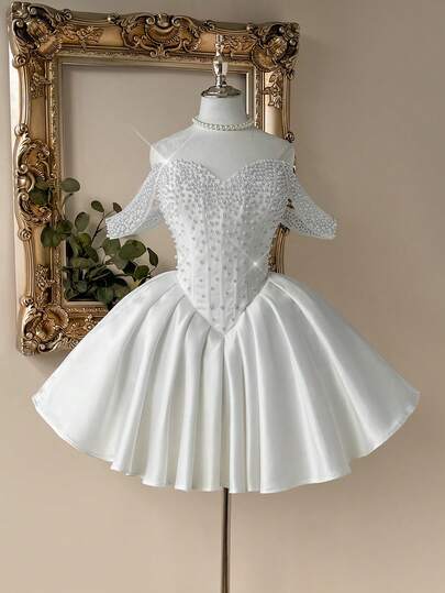Lovelzi Elegant, Glamorous, And Stylish. White, Luxurious Satin Mesh Fabric With Handcrafted Gradient Pearl Embellishments. Off-The-Shoulder Design With Boning For A Slimming Effect. A-Line Pleated Skirt, Short Length. Suitable For Formal Occasions, Weddings, Bridal Gowns, Cocktail Parties, Balls, And High-End Gift Parties. White Pearl Dress