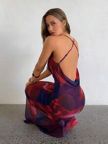 Aloruh Blue Printed Beaded Backless Sexy Draped Neck Vacation Dress, Y2K Music Festival Island Holiday Dress - Multicolor - View 2