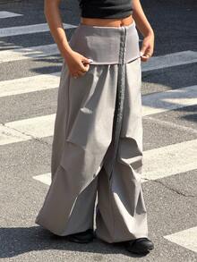 Muchica Grey Woven Fashion Street Rhinestone Letter Loose Pleated Wide Leg Pants - Light Grey - View 5