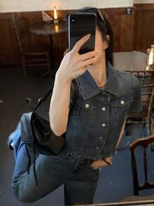 DAZY 女士纯色简约短袖牛仔套装 夏季 - 藍色 - 查看 4
