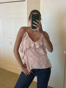 Serisse Women's Elegant Dusty Pink Summer Textured Ruffle Strap Camisole Top,French Lace V-Neck Asymmetric Top,Casual Y2K Dining Beach Party Top - Dusty Pink - View 9