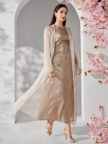 Veilorie New Arrival Glossy Fabric High-End Luxurious Elegant Comfortable Versatile 2 Pieces Set - Apricot - View 5