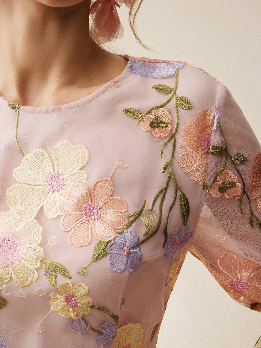 Anewsta Elegant Party Vintage Embroidered 3D Floral Fitted Waist Long Sleeve Dress, Bodycon Mermaid Hem - Pink - View 1