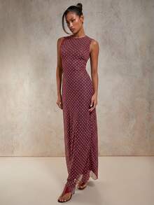 COSMINA Đầm không tay họa tiết chấm bi thanh lịch dành cho nữ, thích hợp cho mùa hè. - Màu Đỏ Sâu - Xem 4