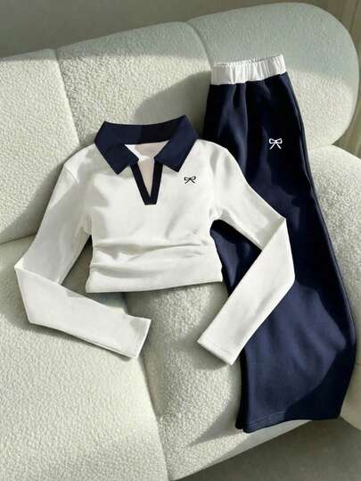 Sparklyn 2pcs/Set Casual Versatile Sportswear Set For Teenagers, Long Sleeve Collared Top + Matching Pants, White Collar, Bow Embroidery Decor, Elastic Waist Loose Fit Pants With Bow Embroidery, Comfortable Casual Style, Harmonious Color Matching, Embroidery Details Add Refinement, Suitable For Daily Wear And Sports