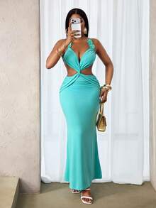 BamGleam Gaun Halter Minimalis Warna Polos untuk Wanita - Biru - View 6