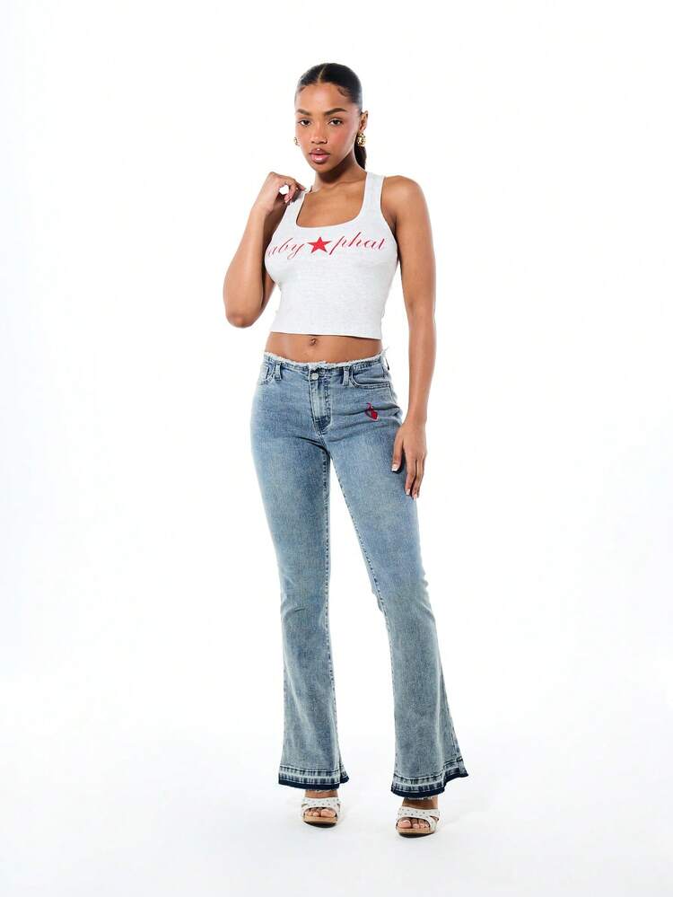 BABYPHAT Women's Ribbed Light Grey Tank Top With Red Star Script Graphic Print Scoop Neck Sleeveless Crop Tank Top Summer Casual