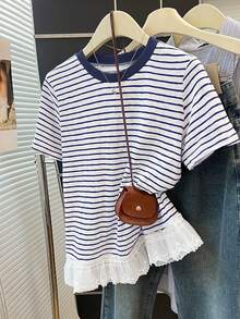 Resyla 女士条纹印花休闲圆领短袖T恤，夏季 - 彩色 - 查看 1