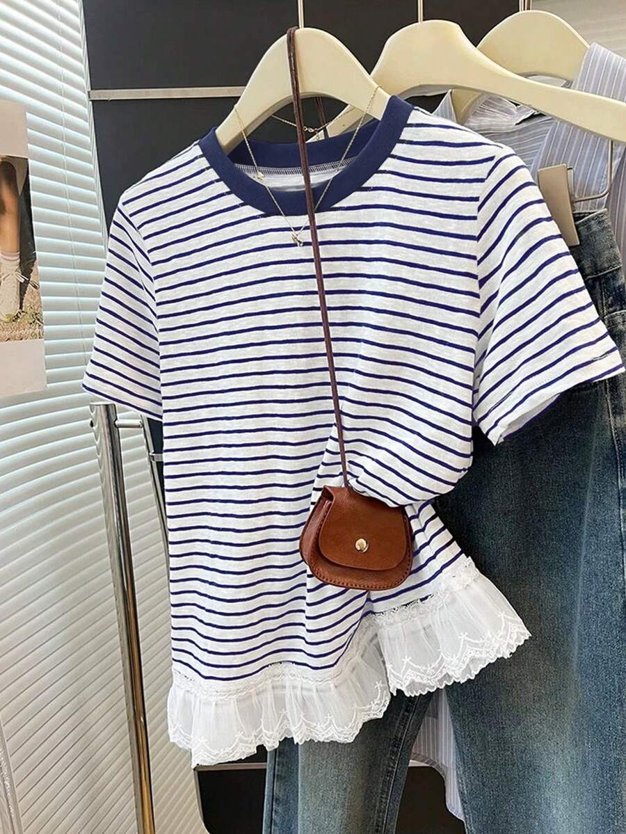 Resyla 女士条纹印花休闲圆领短袖T恤，夏季 - 彩色 - 查看 1