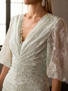 MOTF Soiréza WOMEN'S LACE OVERLAY PUFF SLEEVE LAYERED RUFFLE HEM CAKE COCKTAIL DRESS, ROMANTIC PARTY, SPRING/SUMMER - Green - View 2