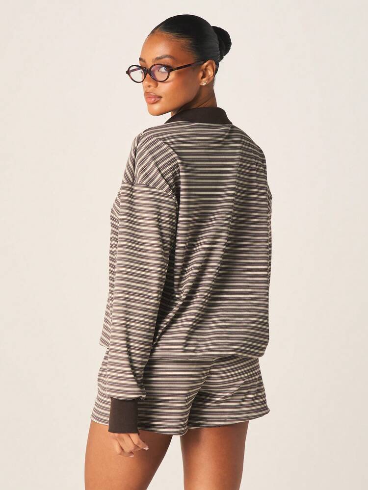 MISSGUIDED Women's Striped Long Sleeve Collared Lounge Top With Ribbed Cuffs And Contrast Trim Details For Casual Winter Comfort And Relaxed Home Styling