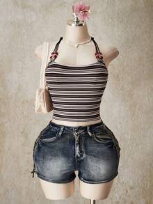 SHEIN ICON 大码 Y2K 休闲条纹串珠装饰针织露背上衣 - 彩色 - 查看 4