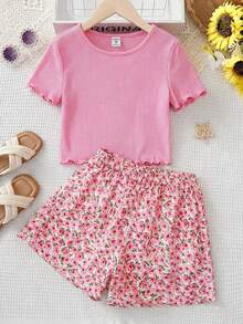 Tween Girls Ditsy Floral T-Shirt Shorts Co-Ord Set,Cute Pastel Pink Ribbed Knit Top & Patterned Shorts 2 Pc Summer Vacation Holiday Outfits For Girl - Pink - View 3
