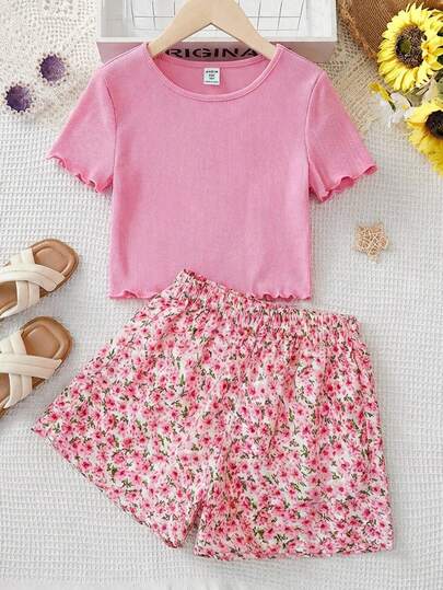 Tween Girls Ditsy Floral T-Shirt & Shorts Co-Ord Set, Casual Vacation Round Neck Short Sleeve Ribbed Knit Top And Patterned Shorts, Suitable For Daily Wear And Beach Holiday