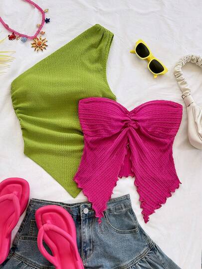 Soleia 2 piezas Conjunto de top corto sin tirantes de unicolor casual de vacaciones para mujer