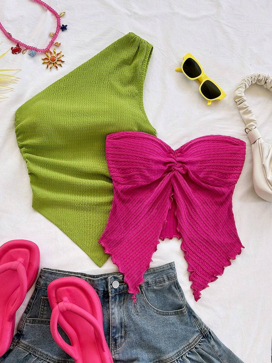 Soleia 2件套女士度假休闲纯色无肩带露脐上衣套装，色彩缤纷，夏季可爱性感，适合春季派对、嘉年华、婚礼、外出度假等场合，优雅休闲。 - 彩色 - 查看 1