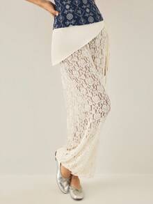 Gaivellea Lace Jacquard Asymmetrical Waistband Design Loose Draping Wide Leg Lantern Pants For Women - Apricot - View 3