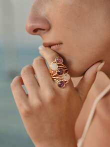 Opalesca 18K金水晶彩色戒指，高级/优雅/高贵/日常佩戴/简约，珍珠/水晶，送给妈妈/女士/女孩/母亲，适合夏季/海滩/舞会/派对/假日/度假、订婚/结婚/承诺、新娘，心形/花卉，仙女风/美人鱼风 - 金色 - 查看 1
