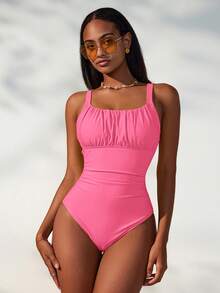Swim Mod 女士纯色褶皱休闲连体泳衣 - 粉色 - 查看 4