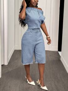 Slaydiva 女士时尚不对称领牛仔连体裤，夏季 - 淺色水洗藍 - 查看 5