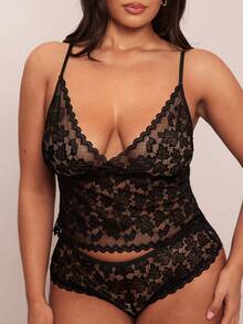 SHEIN BAE 大尺碼蕾絲性感內衣 - 黑色 - 查看 1
