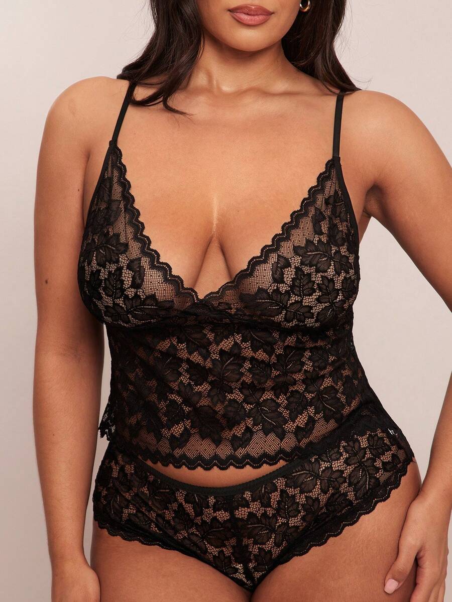 SHEIN BAE 大尺碼蕾絲性感內衣 - 黑色 - 查看 1